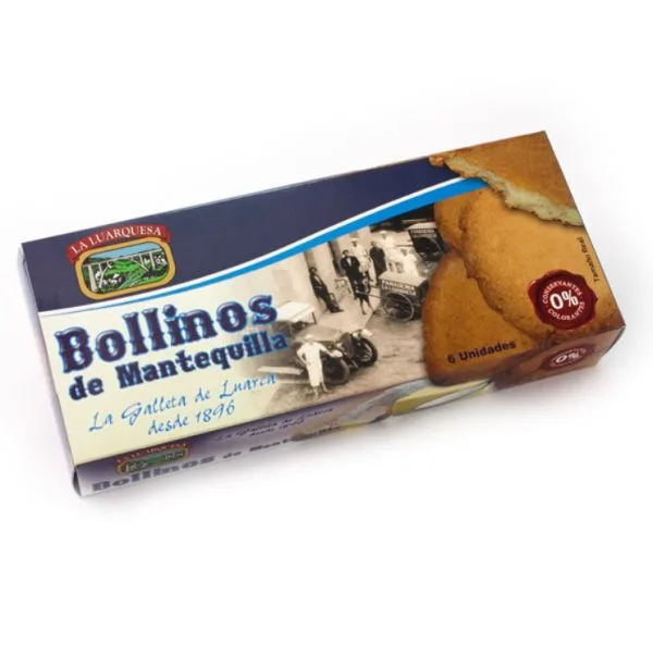 Caja de Bollinos de Mantequilla de La Luarquesa, que contiene 6 unidades. La galleta de Luaran desde 1896, con un diseño clásico y 0% colorantes artificiales.
