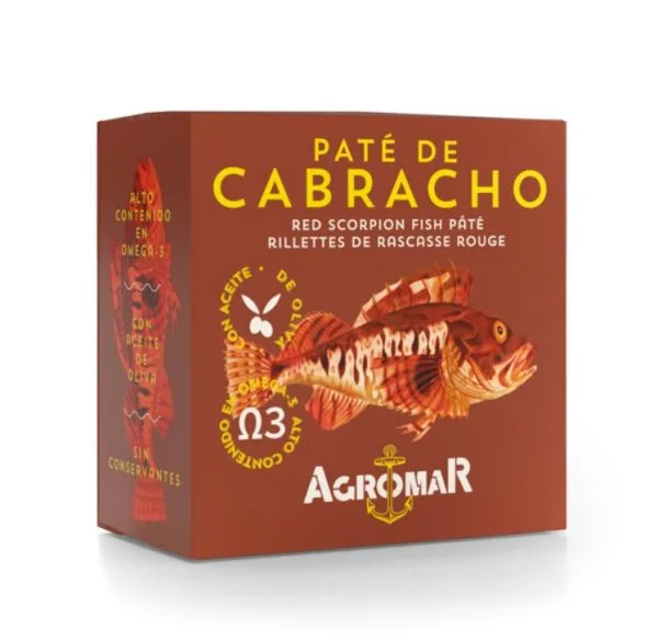 Paté de cabracho de Agromar, en envase de cartón, resaltando su alto contenido en omega-3 y elaborado con aceite de oliva, sin conservantes. Ideal para aperitivos gourmet.