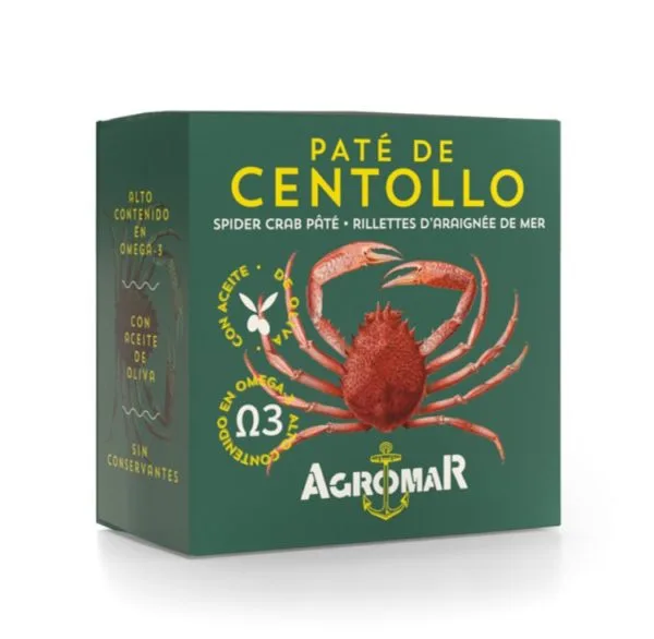 Paté de centollo de Agromar, con alto contenido en Omega-3, elaborado con aceite de oliva y sin conservantes. Ideal para aperitivos gourmet y platos de mariscos.