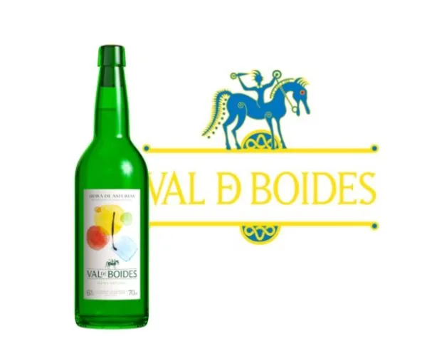 Botella de sidra Val d'Boides de 70 cl, originaria de Asturias, con un diseño distintivo en verde y una etiqueta que resalta su frescura y sabor afrutado. Logo de la marca en el fondo.
